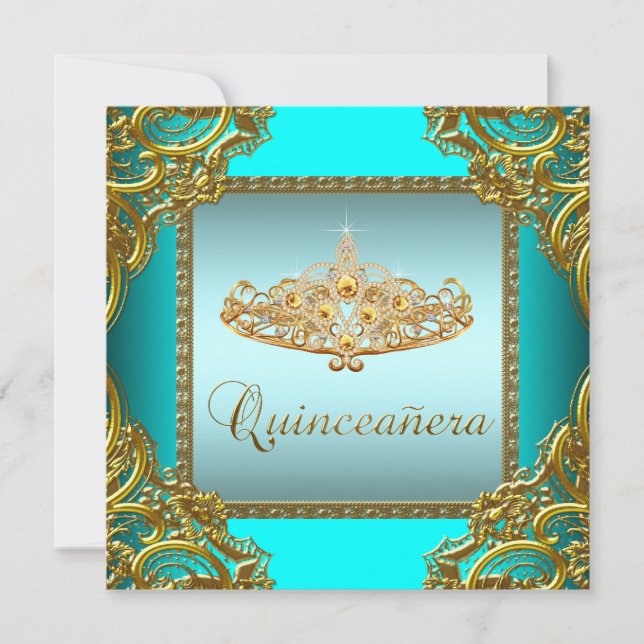 Convites Teal Blue Dourado Tiara Quinceanera (Frente)
