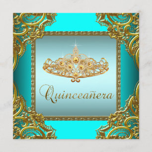 Convites Teal Blue Dourado Tiara Quinceanera