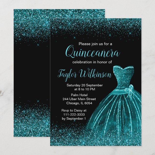 Convites Teal Blue Dress Faux Glitter Quinceanera (Frente/Verso)
