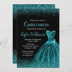 Convites Teal Blue Dress Faux Glitter Quinceanera