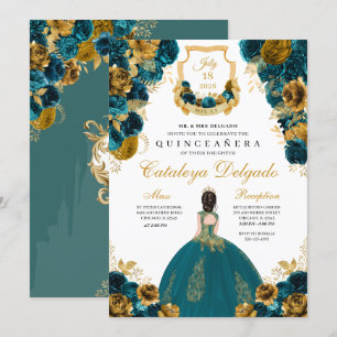 Convites Teal Blue e Dourada Quinceañera