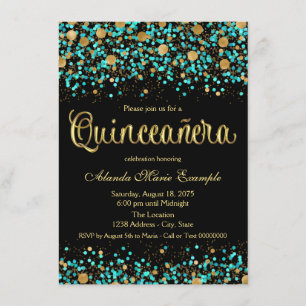 Convites Teal Blue e Quinceanera Dourada