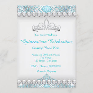 Convites Teal Blue e Silver Diamond Princess Quinceanera