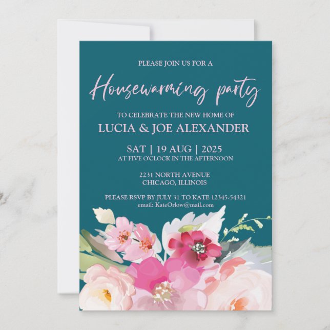 Convites Teal Blue Floral House party (Frente)