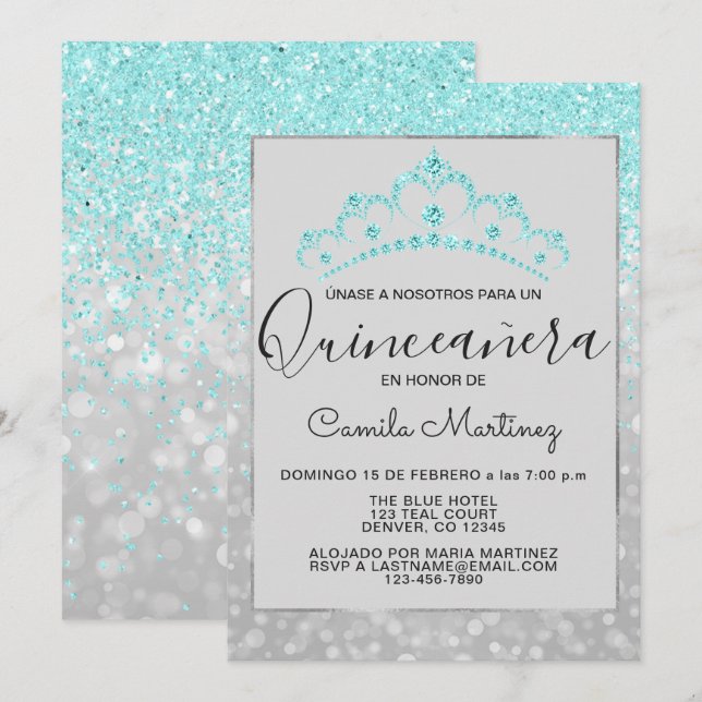 Convites Teal Blue Girly Glitter Sparkle Quinceanera (Frente/Verso)