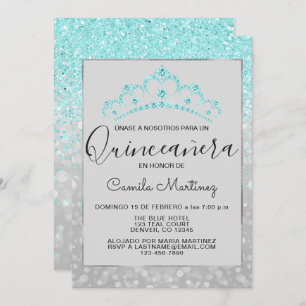 Convites Teal Blue Girly Glitter Sparkle Quinceanera