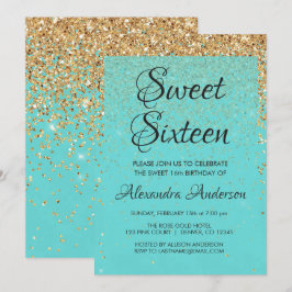 Convites Teal Blue Girly Glitter Sparkle Sweet 16 Aniversár