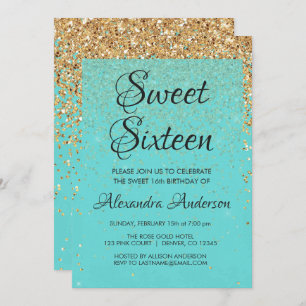Convites Teal Blue Girly Glitter Sparkle Sweet 16 Aniversár
