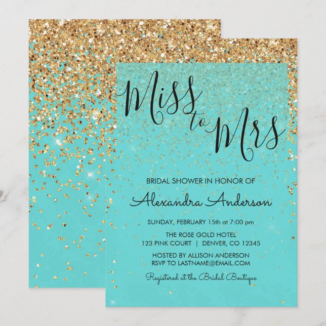 Convites Teal Blue Glitter Miss à Sra. Chá de panela (Frente/Verso)