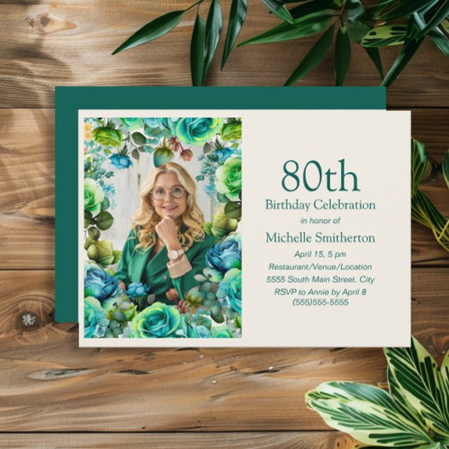 Convites Teal Blue Green Flowers 80 Foto de Aniversário (Green and blue watercolor floral 80th birthday party photo card)