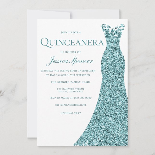 Convites Teal Blue Green Glitter Festa de Quinceanera (Frente)