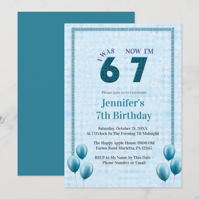 Convites Teal  Blue I Was 6 Now 7 Birthday (Frente/Verso)