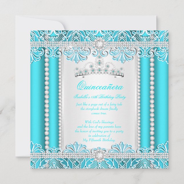 Convites Teal Blue Lace Princesa Quinceanera Diamond (Frente)