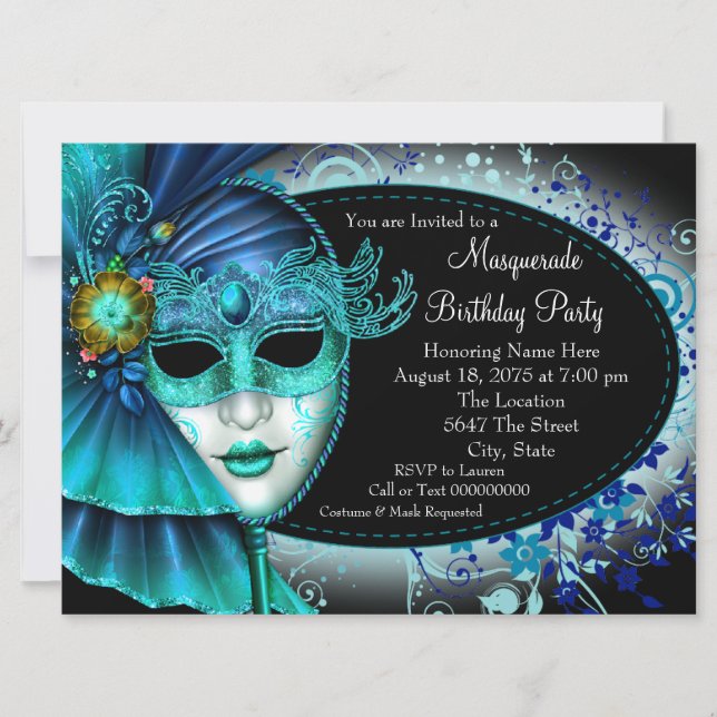 Convites Teal Blue Midnight Mascarada Party (Frente)