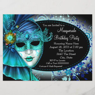 Convites Teal Blue Midnight Mascarada Party