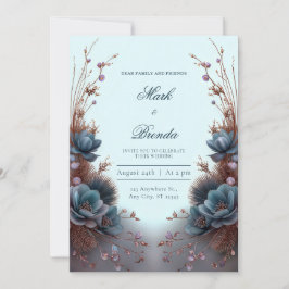 Convites Teal Blue Modern Symmetrical Botanical Wedding