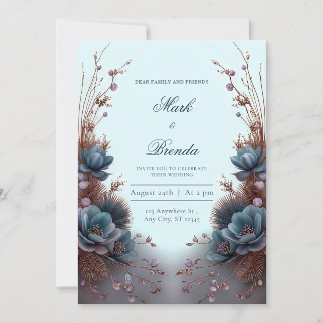 Convites Teal Blue Modern Symmetrical Botanical Wedding (Frente)
