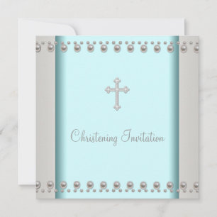 Convites Teal Blue Pearl Cross Baby Baptism Christening