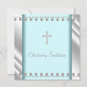 Convites Teal Blue Pearl Cross Baby Baptism Christening