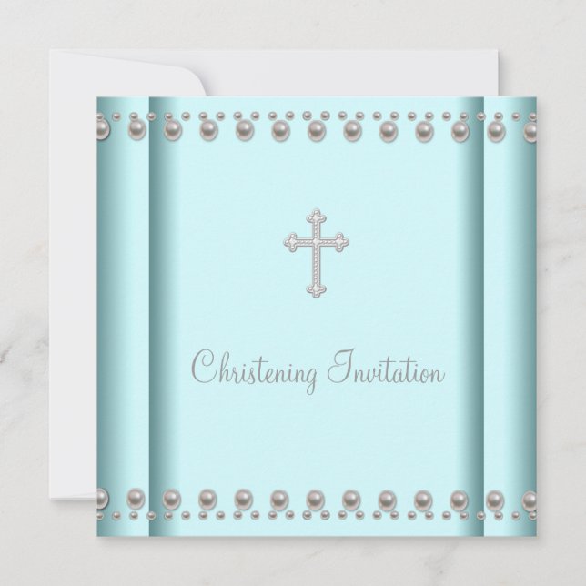 Convites Teal Blue Pearl Cross Baby Boy ou Girl Christening (Frente)