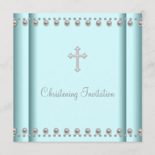 Convites Teal Blue Pearl Cross Baby Boy ou Girl Christening