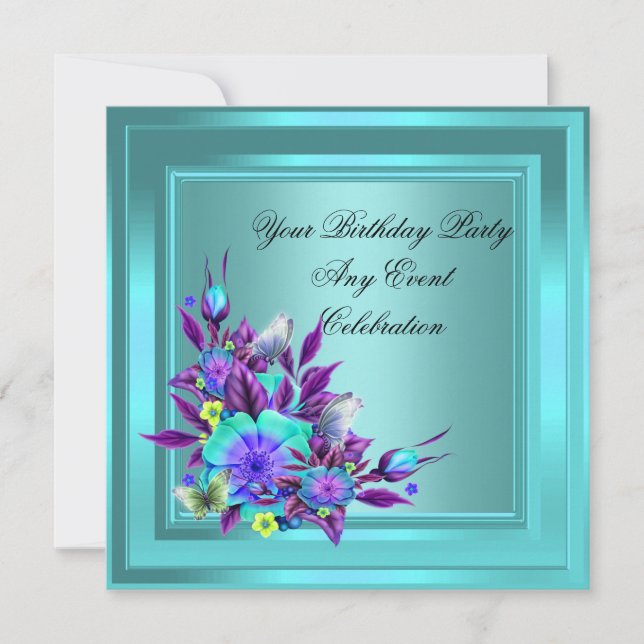 Convites Teal Blue Purple Floral Elegant Party (Frente)
