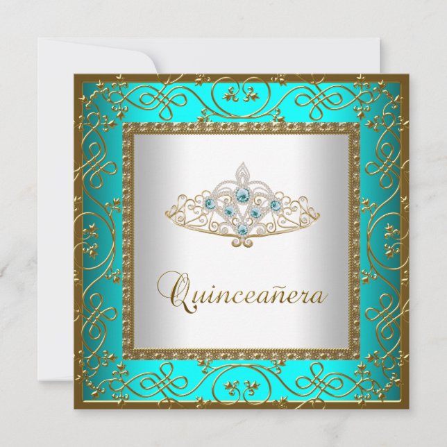 Convites Teal Blue Quinceanera Dourada Tiara (Frente)