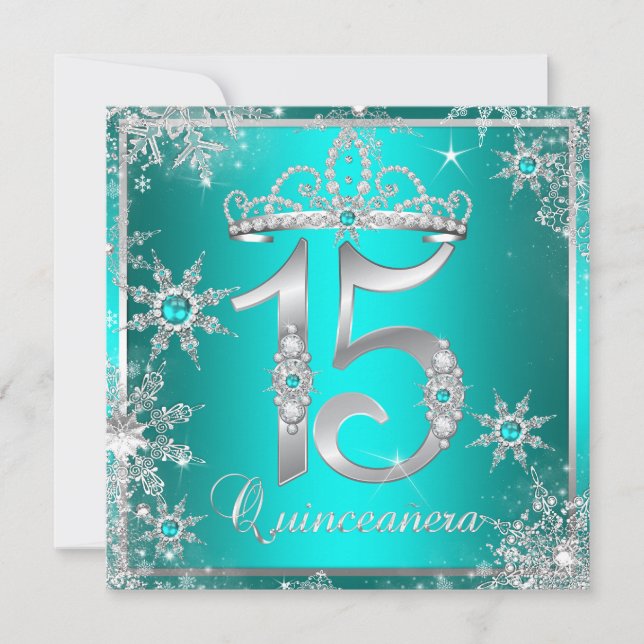 Convites Teal Blue Quinceanera Winter Wonderland Snowflake (Frente)