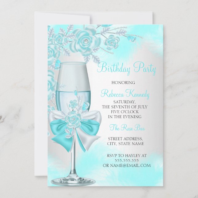 Convites Teal Blue Rosa Champagne White Floral Party (Frente)