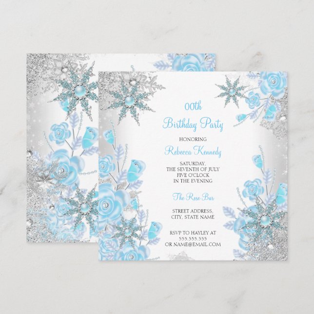 Convites Teal Blue Rosa Winter Wonderland Snowflakes Partid (Frente/Verso)