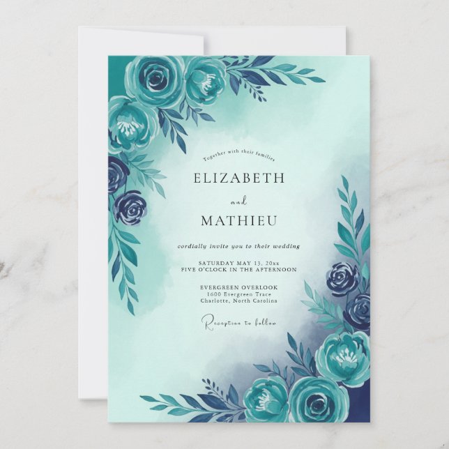 Convites Teal Blue Serene Botanical Wedding (Frente)