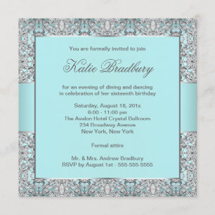 Convites Teal Blue Silver Lace Classet Sweet 16 Party