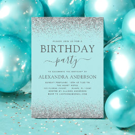Convites Teal Blue Silver Qualquer Idade Aniversário Glitte