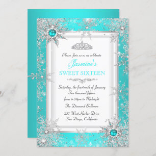 Convites Teal Blue Silver Winter Wonderland Sweet 16 Party
