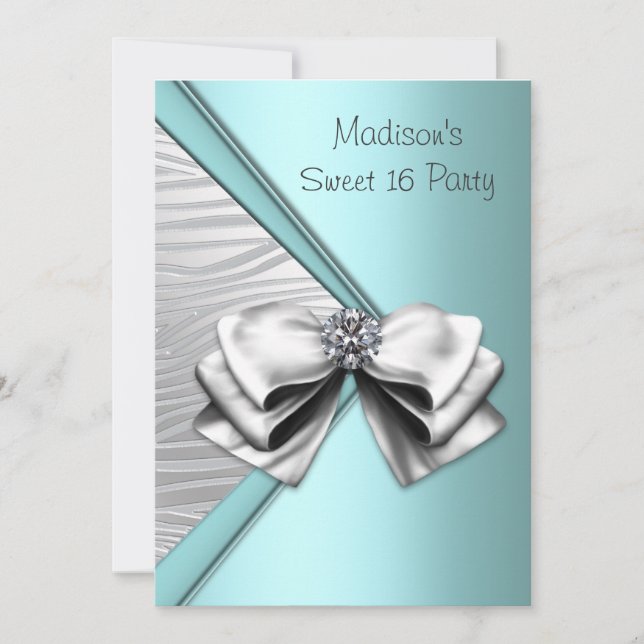 Convites Teal Blue Silver Zebra Sweet 16 Party (Frente)