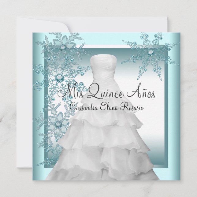 Convites Teal Blue Snowflake Winter Wonderland Quinceanera (Frente)