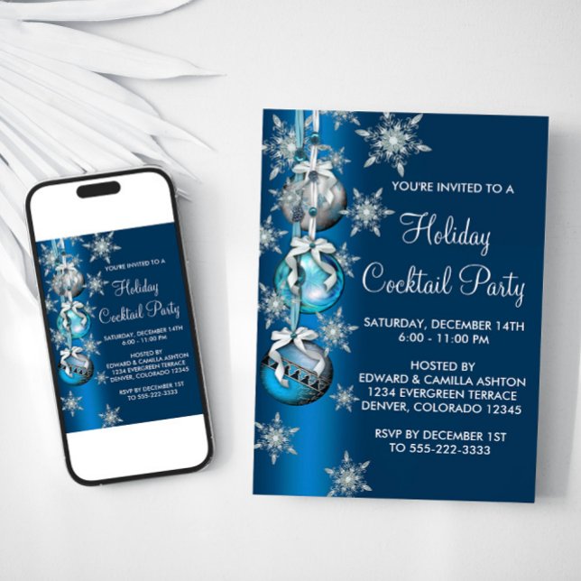 Convites Teal Blue Snowflakes Festa de Natal (Blue Christmas ornaments party invitation. All occasion. Available for instant download and print.)