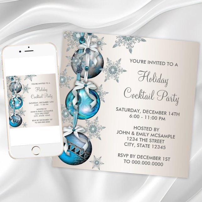 Convites Teal Blue Snowflakes Festa de Natal (Teal Blue Snowflakes Ornaments Christmas Party Invitation. Any occasion. Download and printed.)