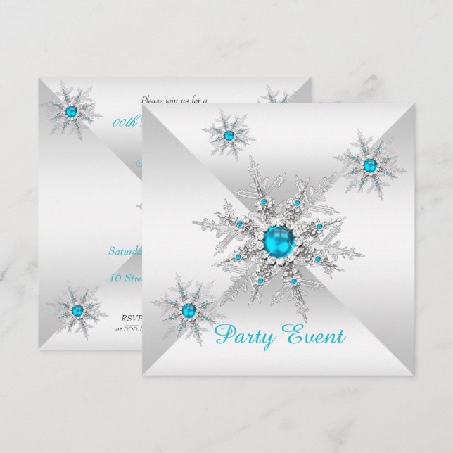 Convites Teal Blue Snowflakes Winter Wonderland Party (Frente/Verso)