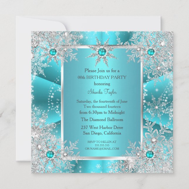 Convites Teal Blue Snowflaver Silver Winter Wonderland 2 (Frente)
