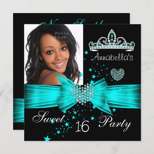 Convites Teal Blue Sweet 16 Aniversário Diamond Tiara Foto (Frente/Verso)