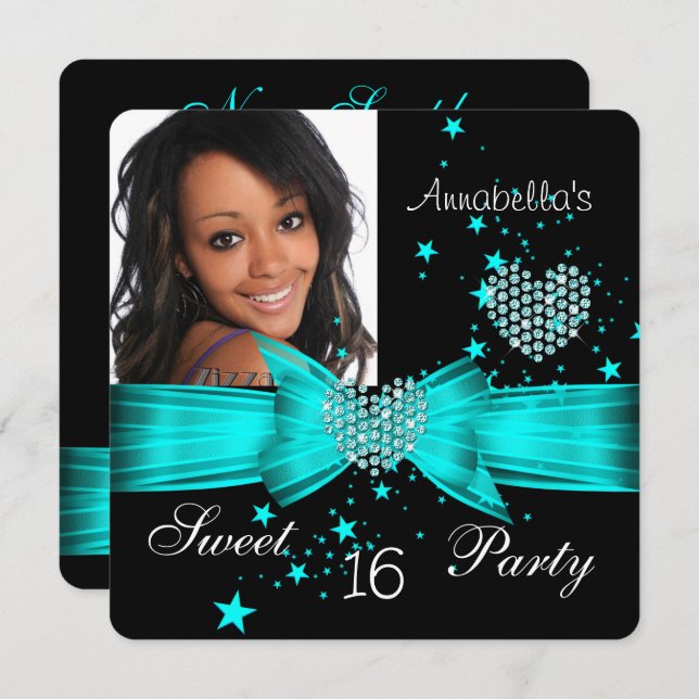 Convites Teal Blue Sweet 16 Festa de aniversário Diamond Fo (Frente/Verso)