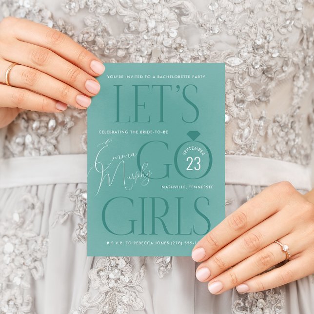 Convites Teal Blue Vamos Festa de solteira das garotas (Modern typography teal green Let's Go Girls country western bachelorette party invitation)