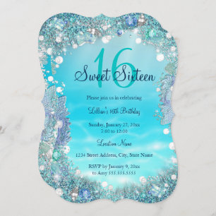 Convites Teal Blue Water Ocean Pearls Festa Doce 16