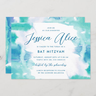 Convites Teal Blue Watercolor Tie Bat Mitzvah