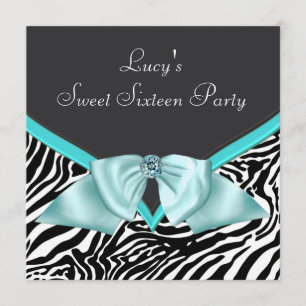 Convites Teal Blue Zebra Sweet 16 Festa de aniversário