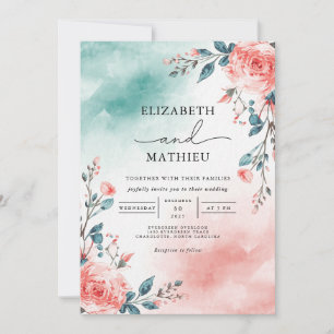 Convites Teal Blush Floral Romance Wedding