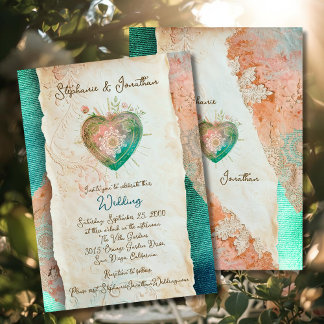 Convites Teal Blush Lace Heart Baroque Romance Wedding