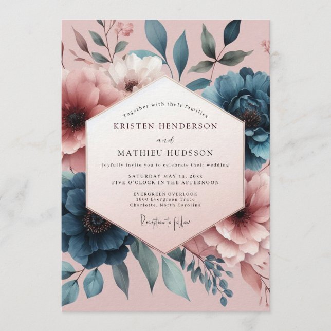 Convites Teal Blush Painterly Bloom Wedding (Frente)