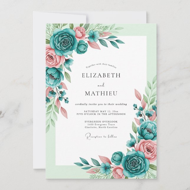Convites Teal Blush Romantic Spring Wedding (Frente)